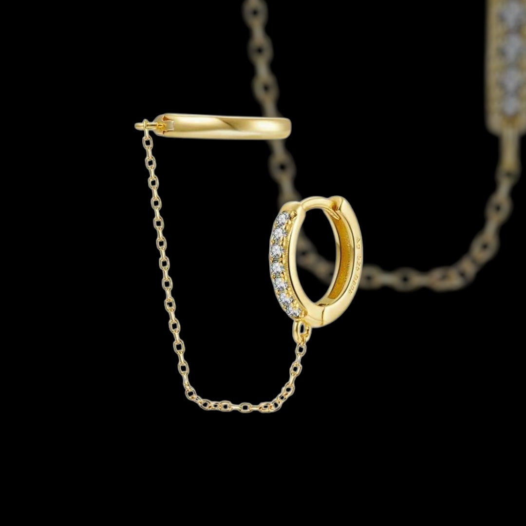 Double Anneaux d'Oreille Strass et Chaine