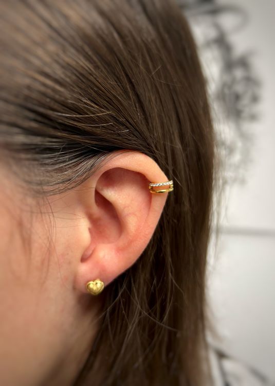 Bijoux Piercing Anneau Double strass titane gold or costeel jewelry porté oreille cliente helix