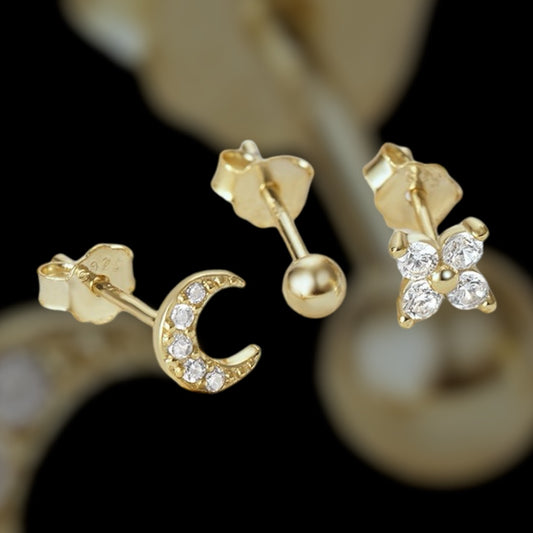 puces d'oreilles trio lune fleur et boule avec et sans strass bijoux piercing gold